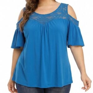 AUW Cold Shoulder Blouse Women‎ Large Blue Excellent Crochet Yoke Flutter Sleeve